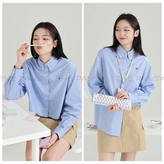 Áo sơ mi xanh DESSUU Mã 038 dáng croptop - dáng dài sọc kẻ thepansyvn