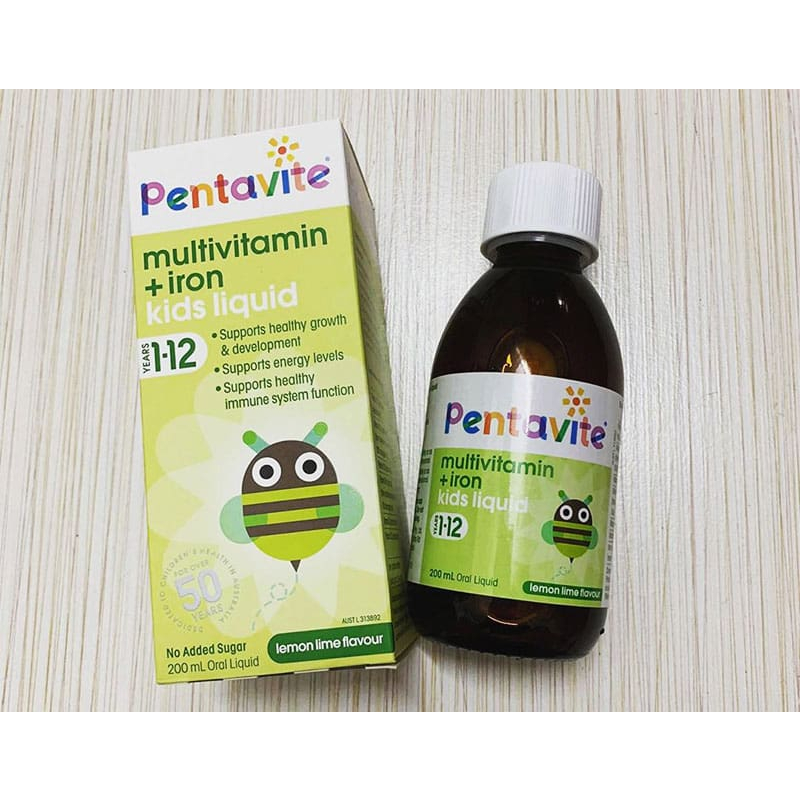 Siro Bổ Sung Vitamin Tổng Hợp & Sắt Cho Bé 1-12 Tuổi Pentavite Multivitamin + Iron Kids Liquid Lemon Lime 200ml NEW