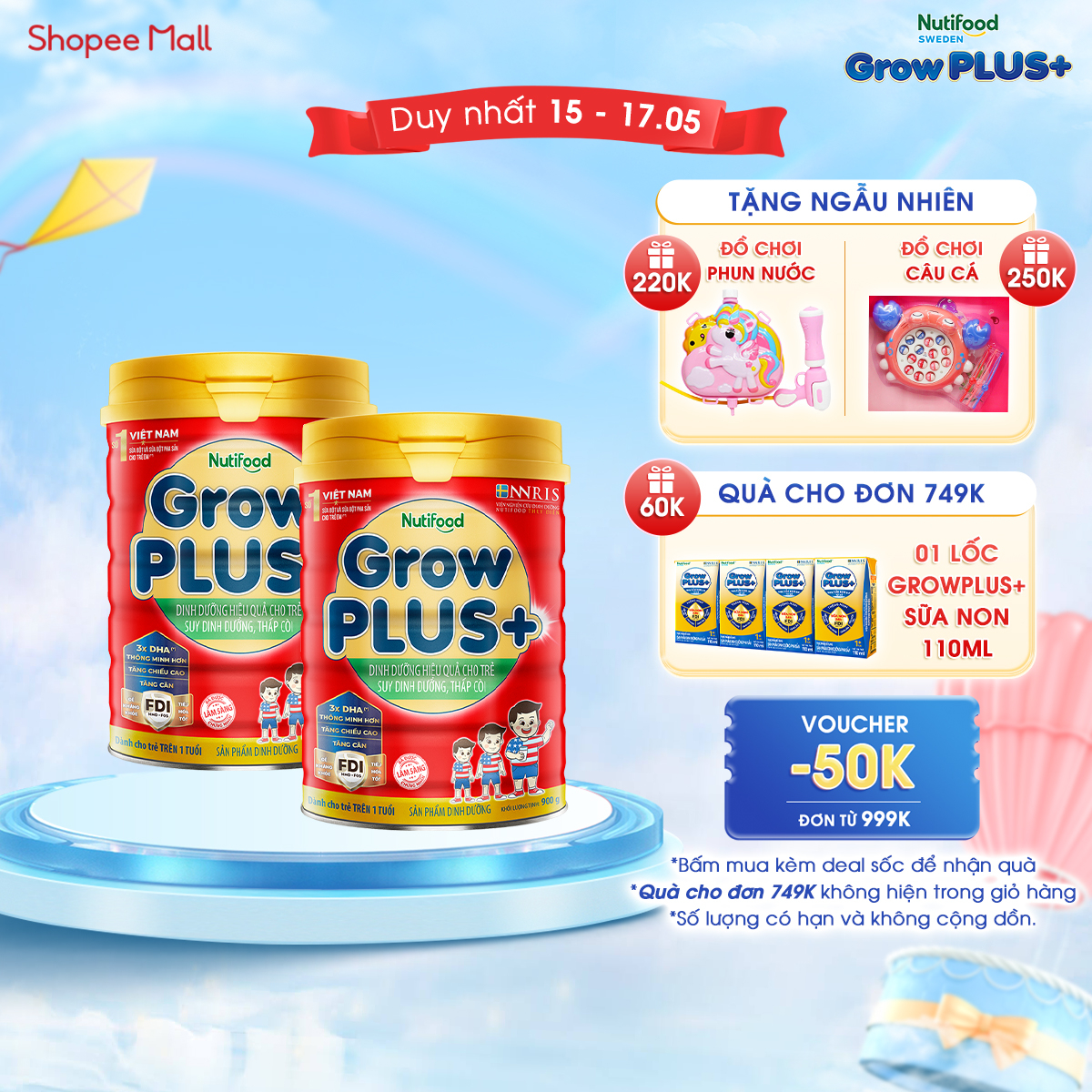 Combo 2 Sữa Bột Nutifood GrowPLUS+ Suy Dinh Dưỡng 900g - Trên 1 Tuổi - Tăng Cân, Tăng Chiều Cao (2 Lon x Lon 900g)
