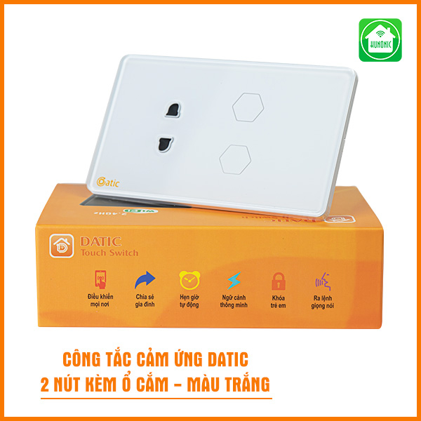 Công Tắc Cảm Ứng Datic – 2 Nút Kèm Ổ Cắm Màu Trắng