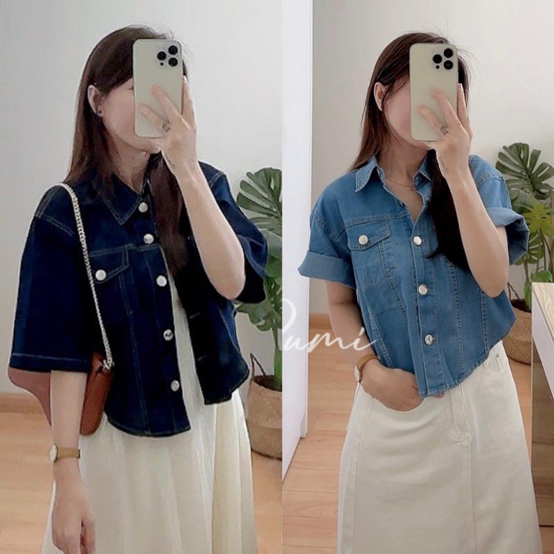 Áo sơ mi crop jeans vạt bầu 2 màu nút inox chỉ nổi tay ngắn 2 túi trước freesize Pumi 14531