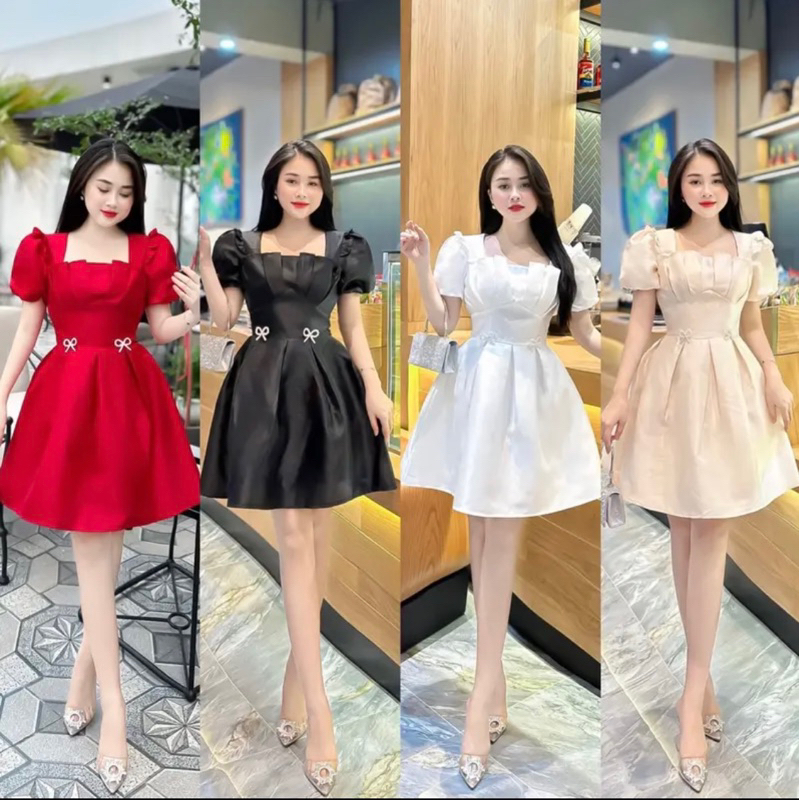 Đầm váy nữ dự tiệc trắng tiểu thư dáng xòe cổ vuông tay phồng