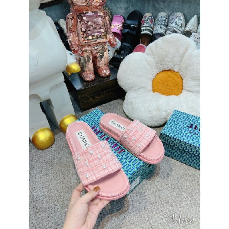 Dép lê nữ Cha. nel thỏ hàng QC fullbox màu đen trắng Ana Quảng Châu- kèm video thật