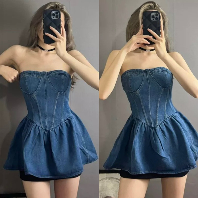 Áo Ống Jean Mềm Croptop Cúp Ngực Fom Xoè Lưng Nhún Thun
