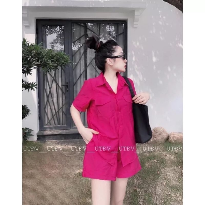 Bộ áo sơmi ngắn tay quần đùi dáng rộng thoải mái, chất vải đũi mặc du lịch mùa hè