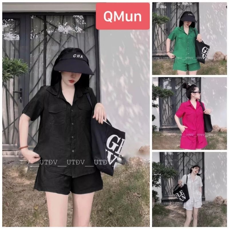 Bộ áo sơmi ngắn tay quần đùi dáng rộng thoải mái, chất vải đũi mặc du lịch mùa hè