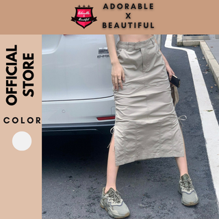 [Có Sẵn] Chân Váy Kaki Nữ Xám Nhạt Dây Rút Dáng Chữ A, Váy Dài Xẻ Đùi Dáng Suông Hot Trend Y2K [AdorablexBeautiful]
