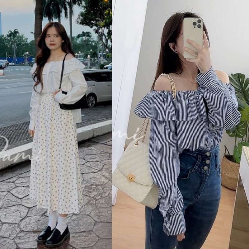Áo bèo bẹt vai tay dài gài nút xẻ tà 2 bên và tà trước 4 màu freesize Pumi 14462