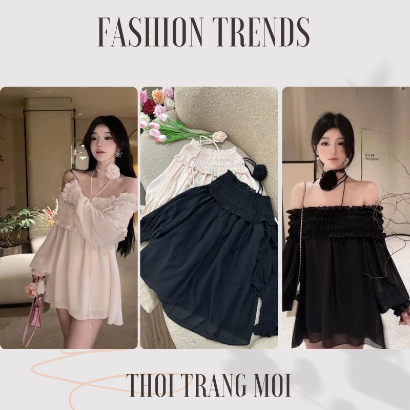 ÁO VOAN NỮ TRỄ VAI BO CHUN KÈM HOA ĐEO CỔ CHO BẠN GÁI DẠO PHỐ