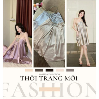 Đầm lụa cổ yếm xòe rũ nơ lấp lánh sang chảnh