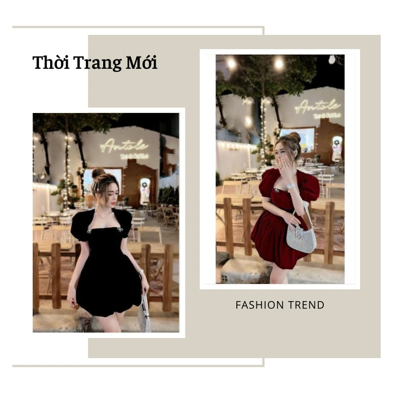 ĐẦM NHUNG CỔ U KÈM TAG ĐÁ DÁNG VÁY XÒE BÍ TIỂU THƯ