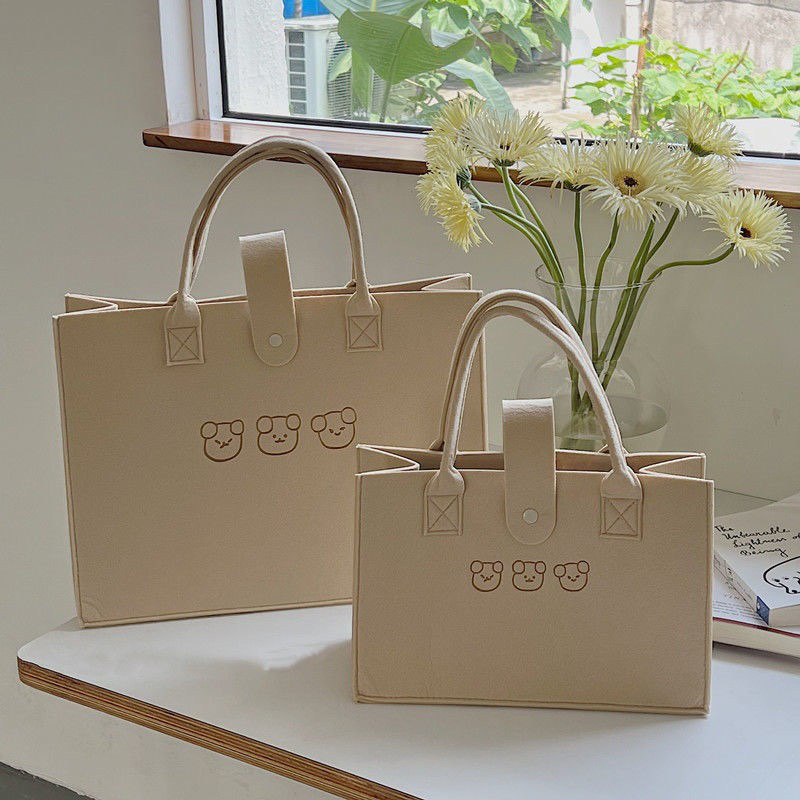 Túi Xách Nỉ Hoạ Tiết Hình Gấu Màu Nâu Trà Sữa Dễ Thương