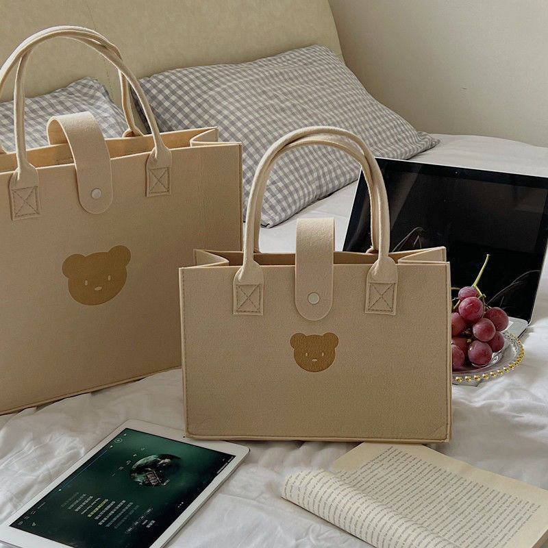 Túi Xách Nỉ Hoạ Tiết Hình Gấu Màu Nâu Trà Sữa Dễ Thương