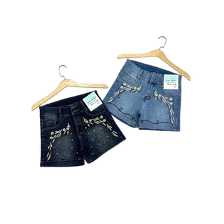 Quần short jean nữ co giãn lưng cao thêu hoa đính hạt