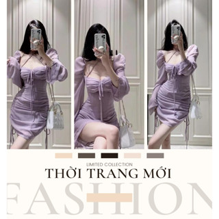 Đầm Chiffon Cổ Vuông Tay Dài Phối Rút Dây Xếp Li Thời Trang Quyến Rũ TH99