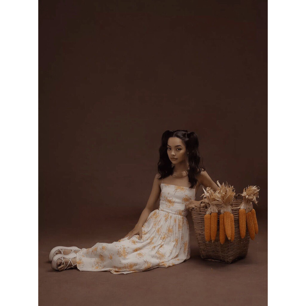 Đầm xoè dài hai dây hở lưng The Country Gibson Girl Maxi Dress vải cotton xô hoa cam