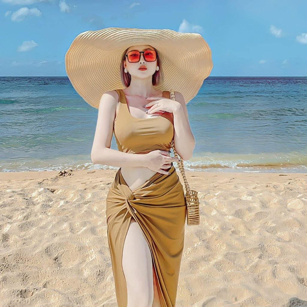 Set Bikini 3 Chi Tiết Be Nâu Váy Dài - Đồ Bơi Đồ Đi Tắm Biển Hai Mảnh Thời Trang Sexy Quyến Rũ