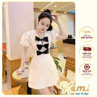 Váy nữ chữ A tiểu thư dự tiệc cổ V tay bồng phối nơ ngực Kemi thiết kế