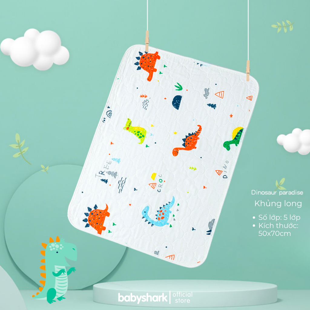 Tấm lót chống thấm cho bé 5 lớp Babyshark chần bông êm ái, miếng lót chống trượt thoáng khí tốt 70x50cm