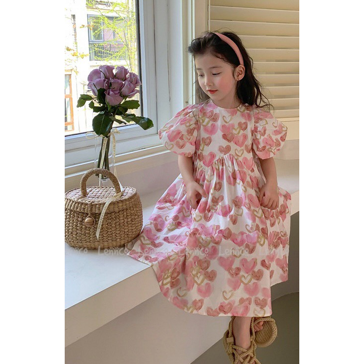 Váy Lennco tim hồng nâu cho bé gái