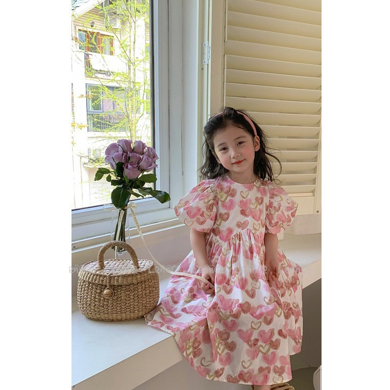 Váy Lennco tim hồng nâu cho bé gái