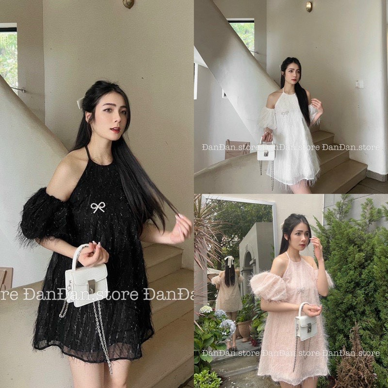 Đầm váy nữ babydoll lông vũ cổ yếm tay rớt vai siêu dễ thương với các tone màu nhẹ nhàng cho các nàng đi dự tiệc