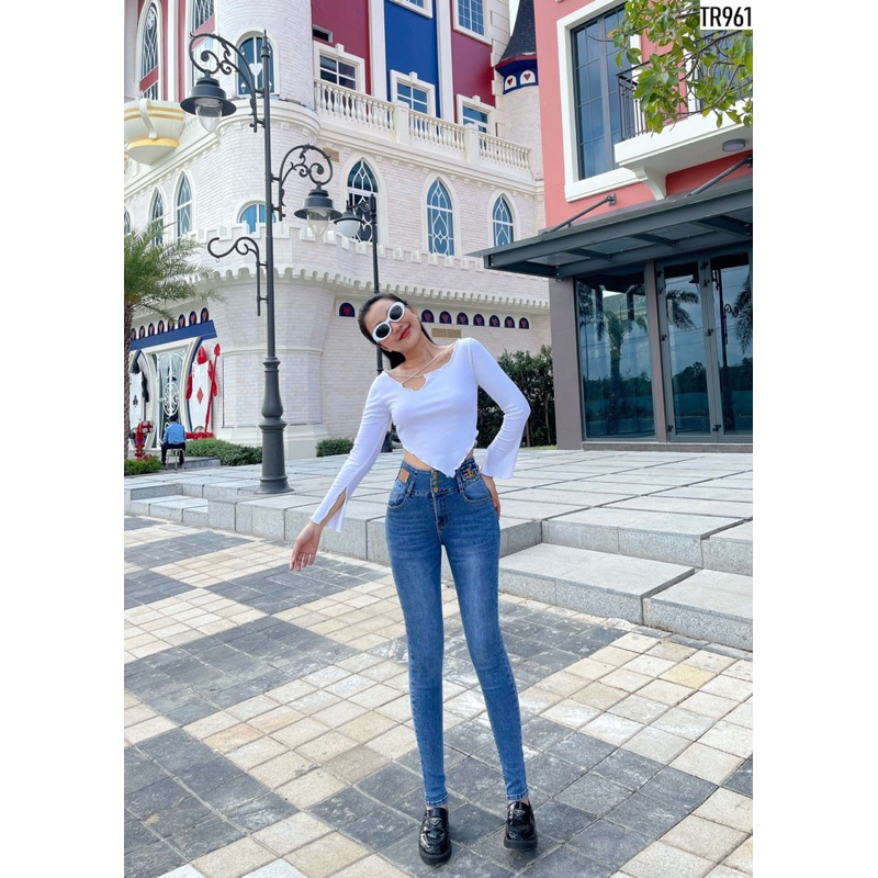 Quần Jeans Nữ, Quần Bò Nữ Lưng Cao Kiểu 3 Nút Ôm Bụng Co Giãn 4 Chiều