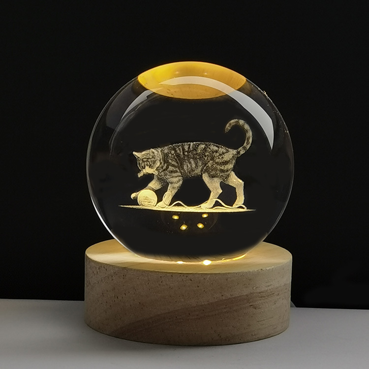 Quà tặng để bàn quả cầu 3D 8cm pha lê  mèo  có đế led ánh sáng