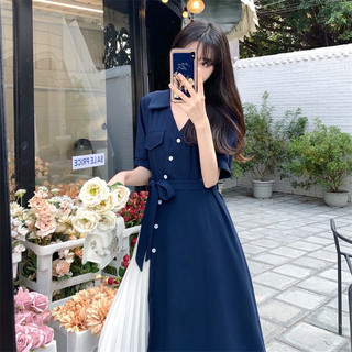 Váy đầm cổ sơ mi phối trắng cách điệu thắt eo phong cách Hàn Quốc MS387