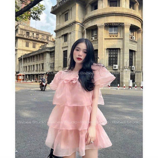 Đầm thời trang nữ mặc đi chơi chất voan tơ ánh kim babydoll tầng đính nơ tay ngắn