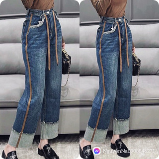 Quần jeans Xanh ống rộng lai gấp khác màu size SML