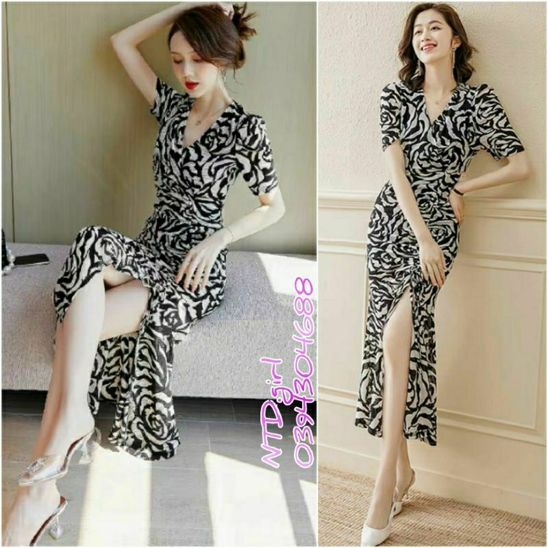 Hàng nhập - Đầm dáng ôm thun lưới họa tiết da beo, váy body xẻ tà cao rút dây sành điệu