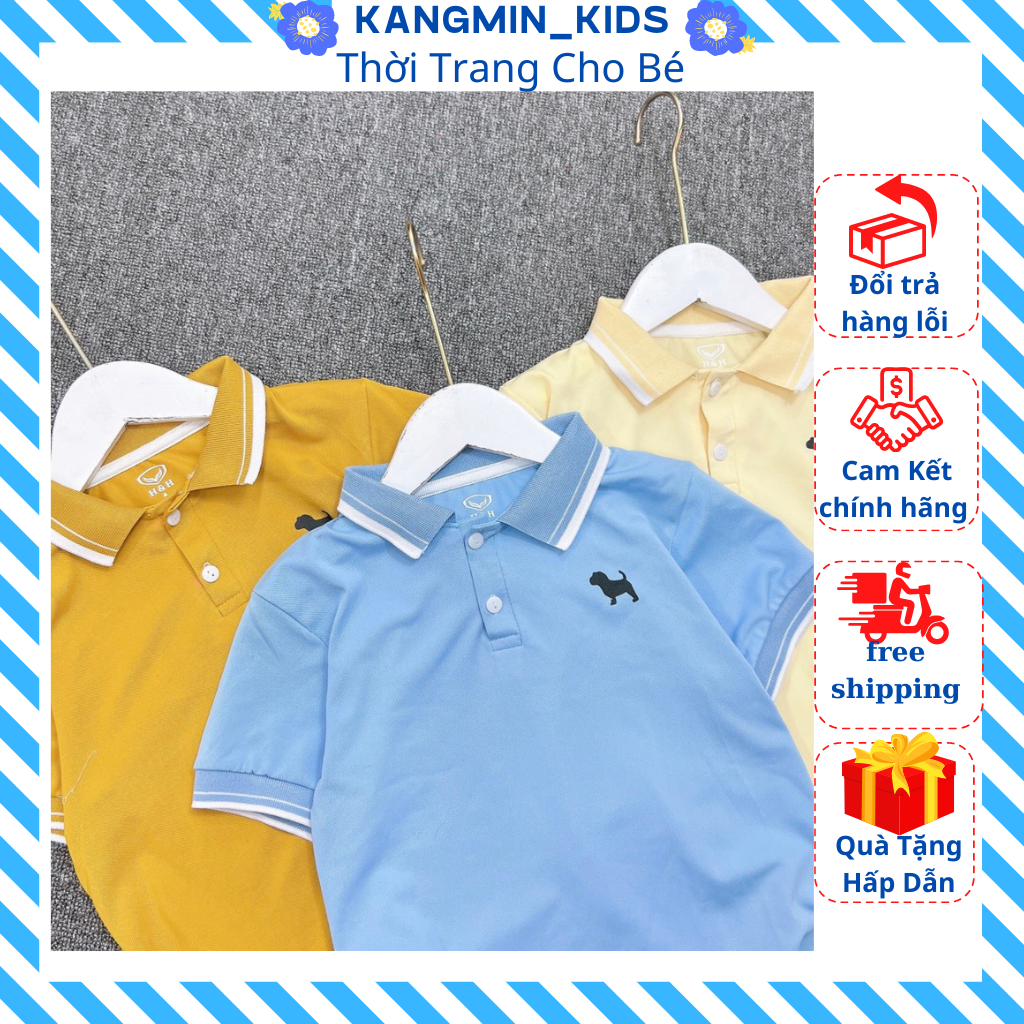 Áo Polo cho bé Chất cotton cao cấp, áo phông cộc tay bé trai có cổ họa tiết trơn-KANGMIN KIDS