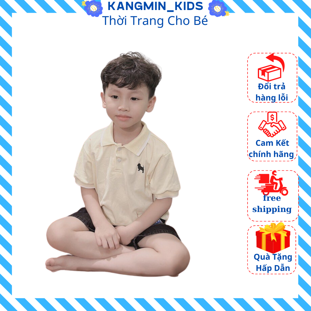 Áo Polo cho bé Chất cotton cao cấp, áo phông cộc tay bé trai có cổ họa tiết trơn-KANGMIN KIDS