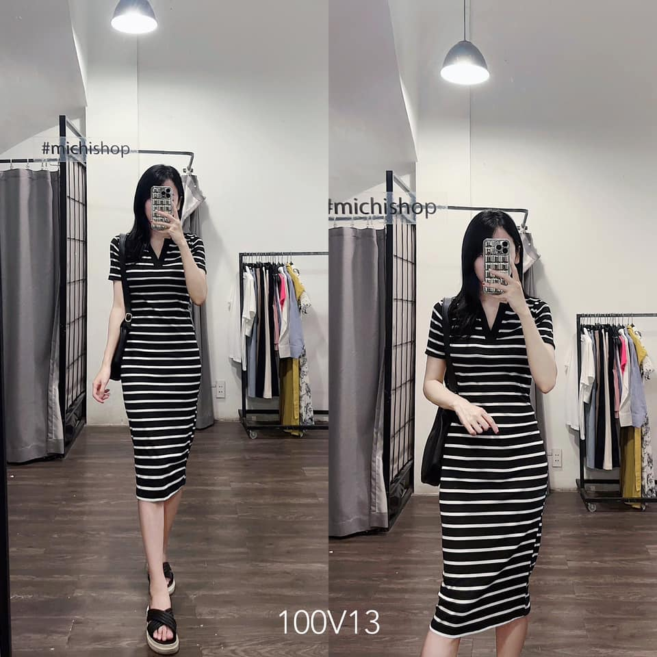 Váy thun ôm body tôn form cổ polo màu kẻ ngang đen trắng - 100V13