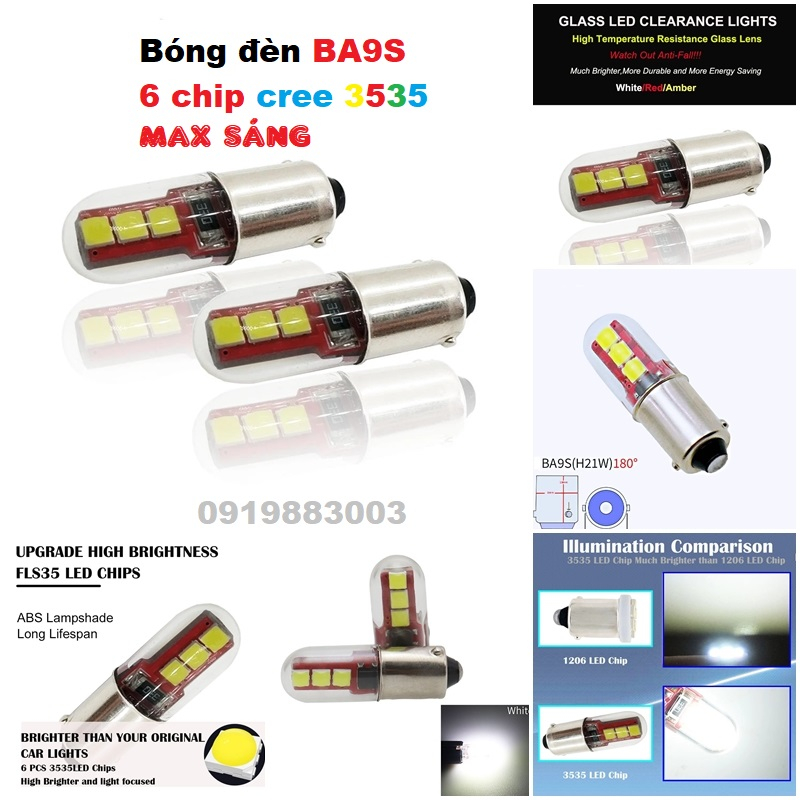 Set 2 bóng đèn BA9S LED 6smd 3535 cree thay thế bóng đèn trần ô tô trước Innova Fortuner 2006 đến 2012