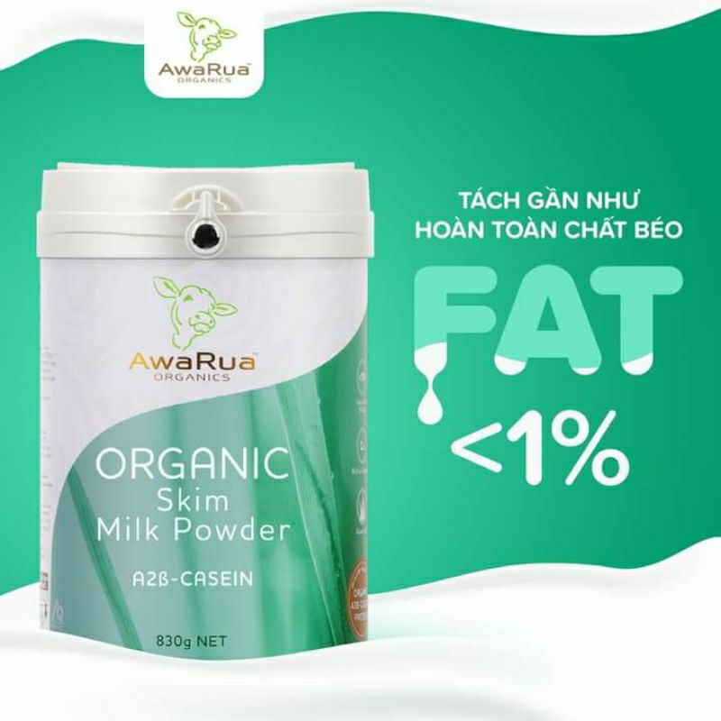 Sữa tách béo AwaRua organic 100% đạm A2 New Zealand tách hoàn toàn chất béo, giàu canxi, năng lượng thấp lon 830g