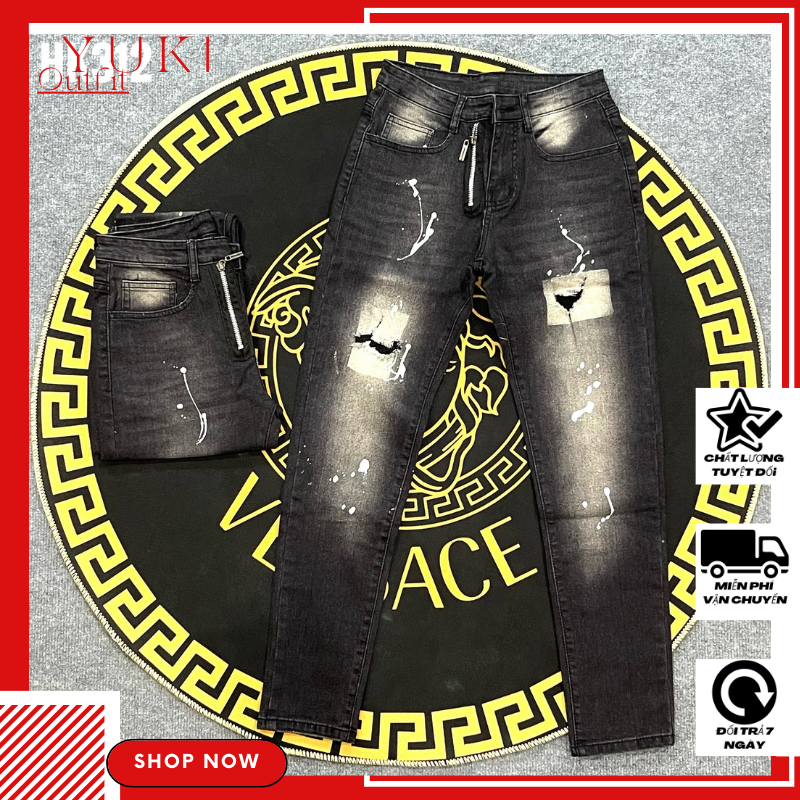 Quần jeans nam cao cấp chất denim dày dặn rách nhẹ có vảy sơn kèm khóa kéo đẹp phá cách YUKI OUTFIT 312