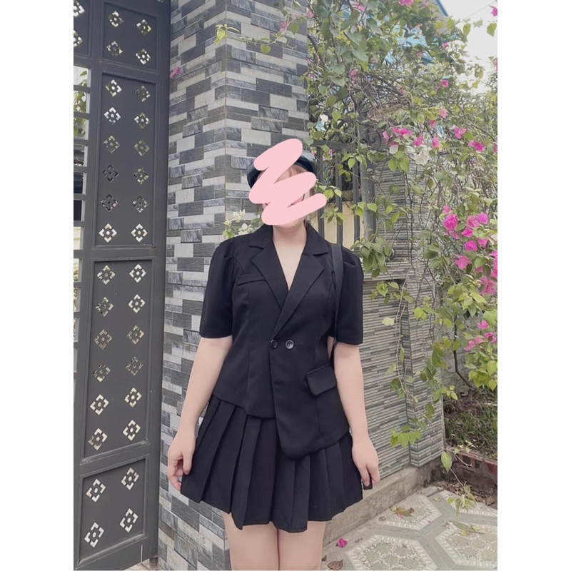 Set vest tay bồng áo vạt lệch + chân váy xếp ly BIGSIZE