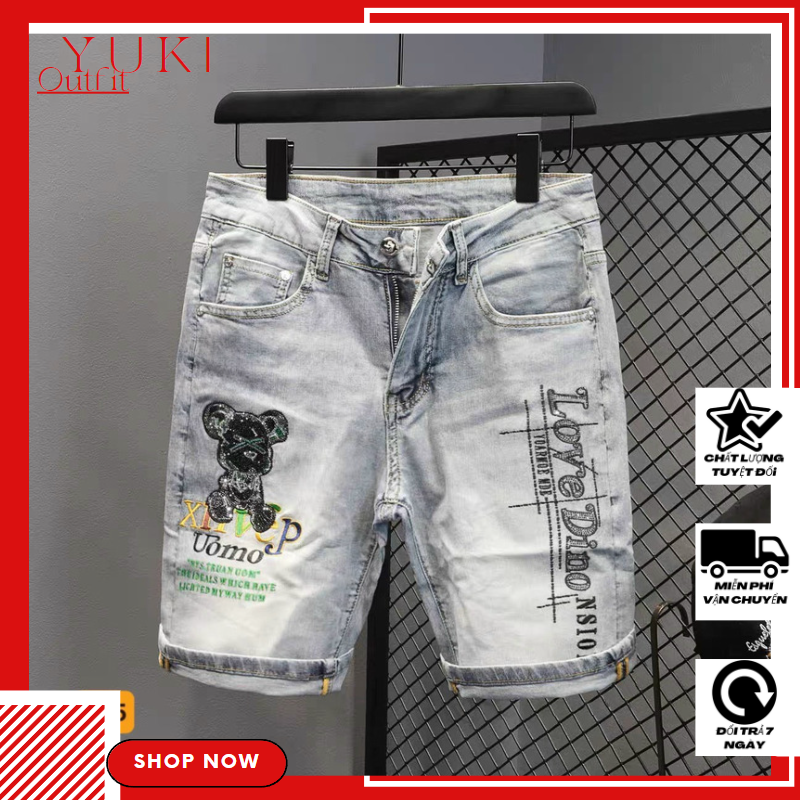 Quần short jeans nam chất denim cao cấp màu xám thêu hình chữ đẹp đẳng cấp năng động YUKI OUTFIT | BigBuy360 - bigbuy360.vn