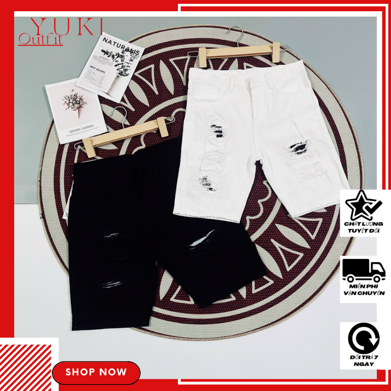 Quần short jeans nam cao cấp chất denim dày dặn rách nhẹ có lót màu bên trong YUKI OUTFIT