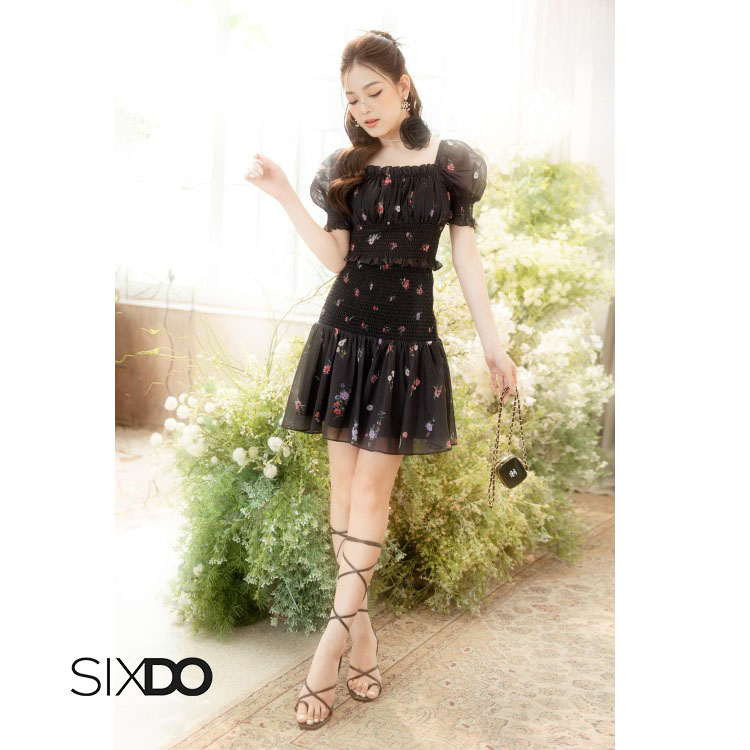 Áo hoa chun eo tay bồng nữ tính SIXDO-Z (Z-Black Floral Cropped Top)