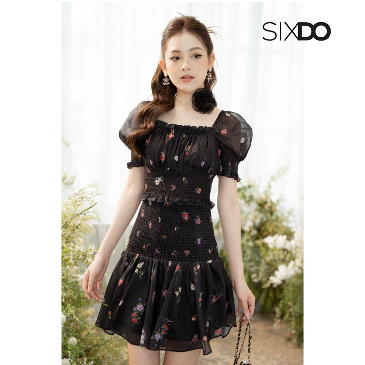 Áo hoa chun eo tay bồng nữ tính SIXDO-Z (Z-Black Floral Cropped Top)