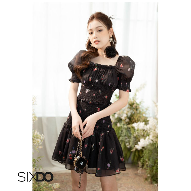 Áo hoa chun eo tay bồng nữ tính SIXDO-Z (Z-Black Floral Cropped Top)