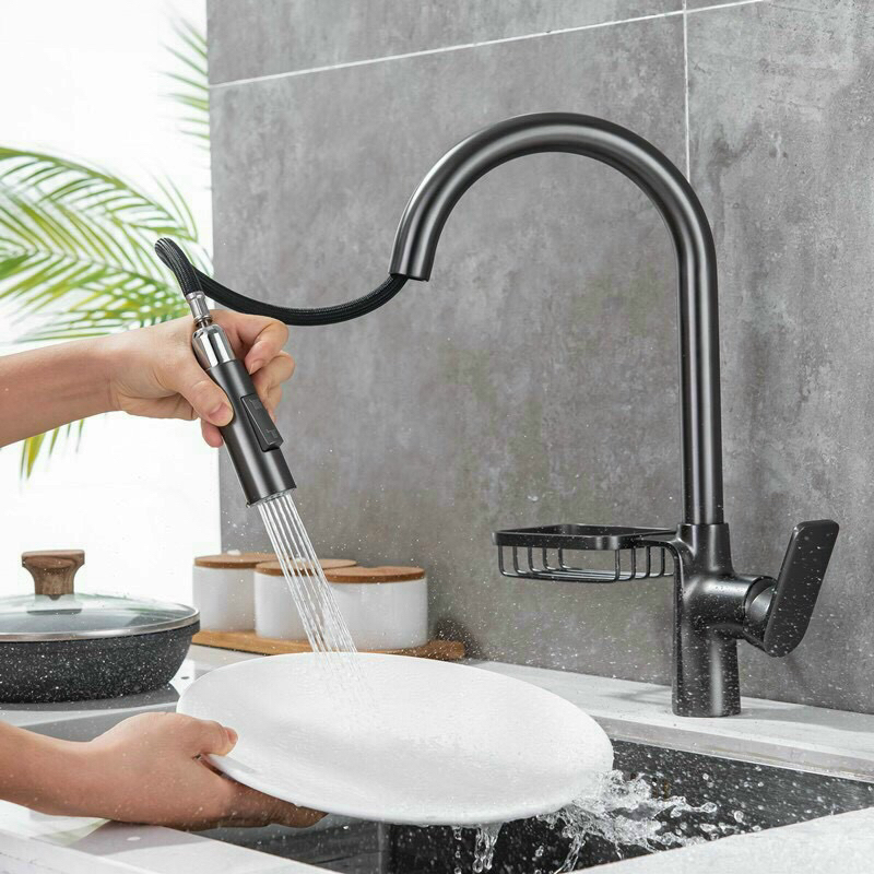 Vòi rửa chén bát dây rút mạ nano đen nóng lạnh inox cao cấp đồng mạ Vihan Korea[ Bảo Hành 2 năm - Kèm 2 dây cấp inox