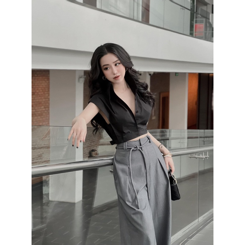 Set Áo Croptop Cổ Nhọn Mix Quần Dài Suông Ống Rộng Lưng Cao Siêu Hách Dáng
