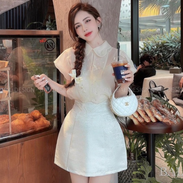 Set 2 món áo bèo kèm chân váy tafta hàng cao cấp , áo kiểu nữ bánh bèo cổ sơ mi kèm chân vây chữ A / jennycloset