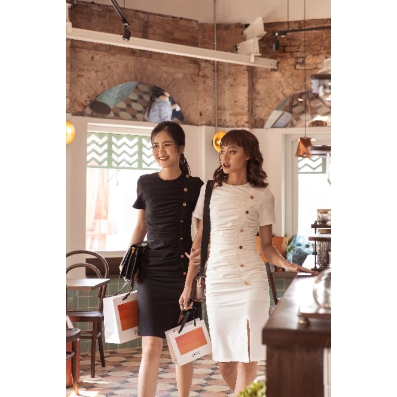 Đầm midi nhún đính nút Edini sz S (271)