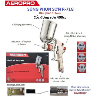 Súng phun sơn R-71G bầu cốc trên 400cc AEROPRO đầu phun 1,5mm Vitule chuyên để phun sơn satin