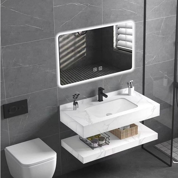 Bộ bàn đá 2 tầng lavabo âm chống trầy xước kèm giá treo tường